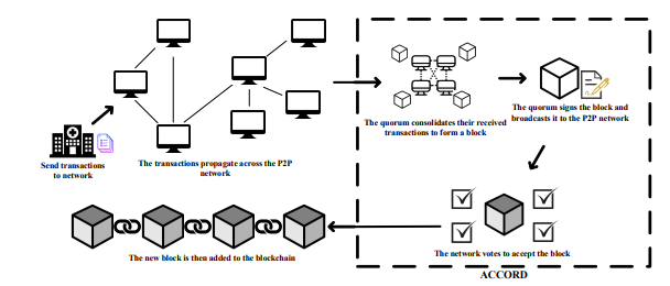 Figure 5.1: A high level architectural diagram of the system, showing thepath a transaction takes to be added to the blockchain.